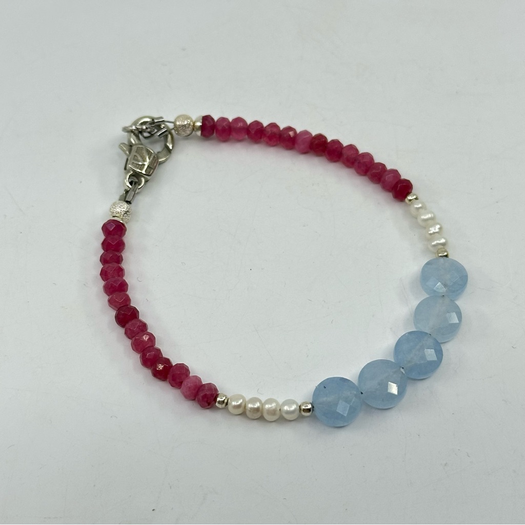 #360 Multi Gem Stackable Bracelet Of Natural Aquamarine, Pearls & Tourmaline